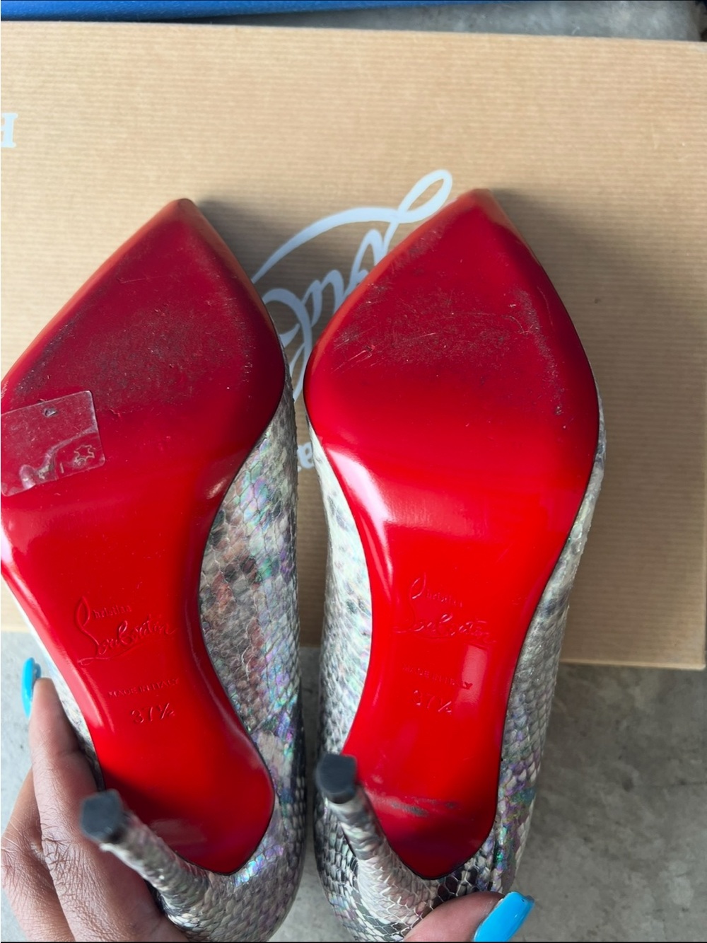 Christian Louboutin Iridescent Snakeskin Pointed Toe Pumps - Multi-Silver - Picture 3 of 3